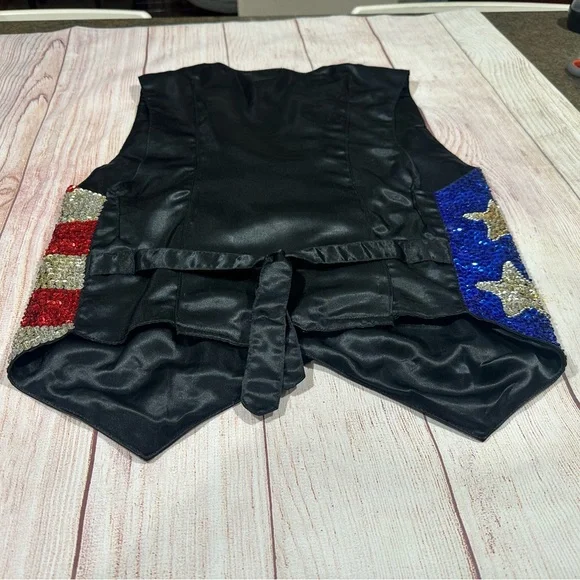 Vintage Y2K Patriotic Glitter Star Flag Sequin Waistcoat Button Vest - Picture 9 of 10